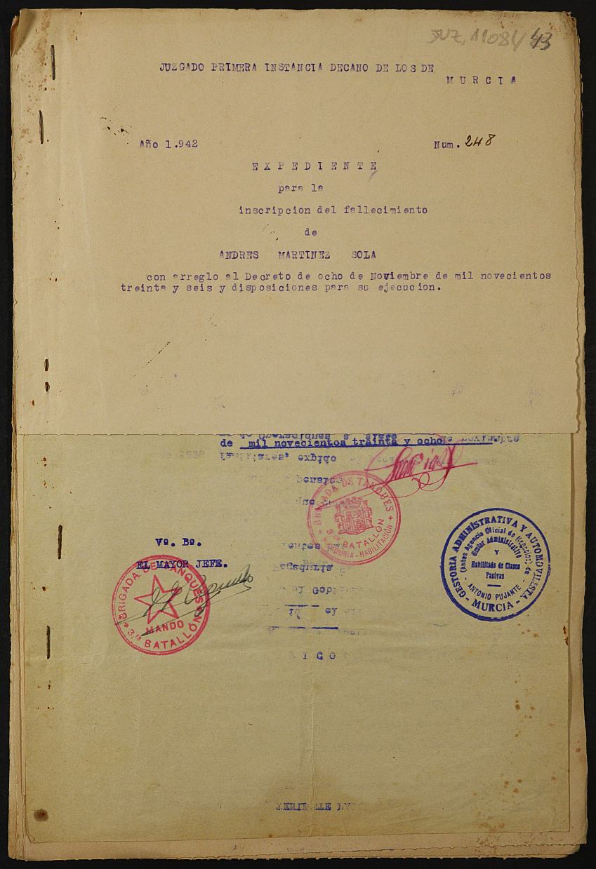 Expediente nº 248/1942 del Juzgado de Primera Instancia de Murcia para la inscripción en el Registro Civil por la defunción en el frente de Andrés Martínez Sola.